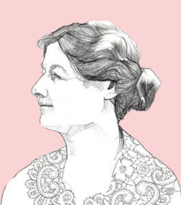 A black and white pencil portrait of Margaret Bondfield, on a pink background.