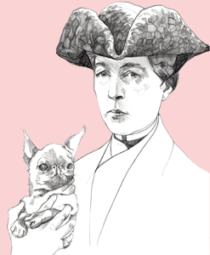 A black and white pencil portrait illustration of Marguerite, on a pink background. Marguerite is wearing a tricorn hat, and holding a small dog in her right hand.