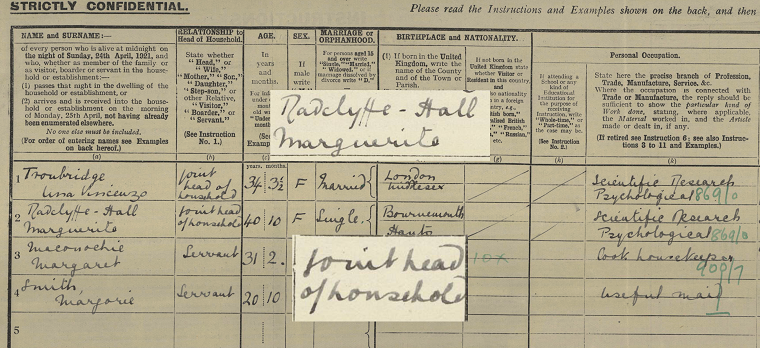 A screenshot of Marguerite's 1921 Census record. The main image is darkened slightly. Their name and status as 'joint head of household' are superimposed on top, in the original colour.