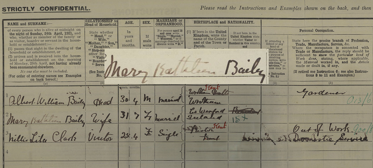 A screenshot of Mary Bailey’s 1921 Census record. The main image is darkened slightly. Her name is superimposed on top, in the original colour.
