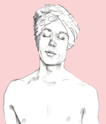 A black and white pencil portrait illustration of Robert (Bobby) Hector Britt, on a pink background. Bobby's torso is visible in shot; his eyes are closed and he is wearing a floral headdress.