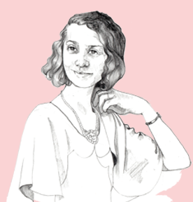 A black and white illustration of Susan May Woodford, on a pink background