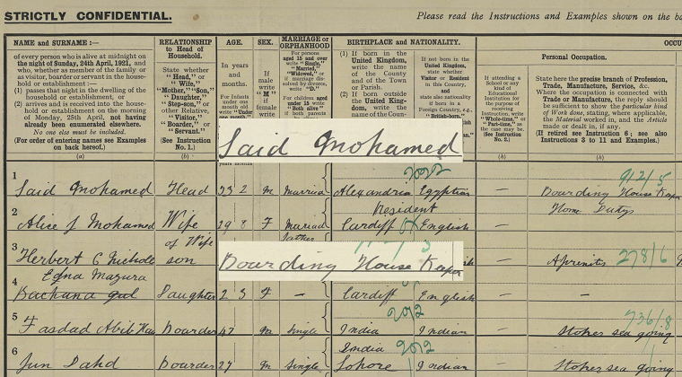 A screenshot of Said’s 1921 Census record. The main image is darkened slightly. His name and occupation - boarding house keeper - are superimposed on top, in the original colour.