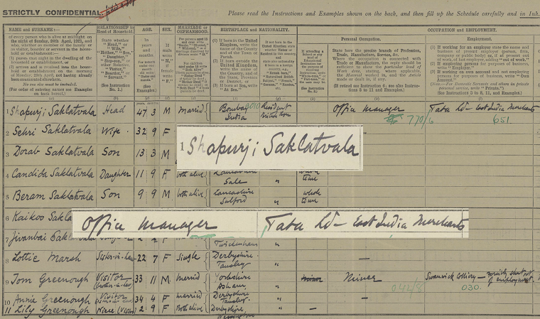 A screenshot of Shapurji Saklatvala’s 1921 Census record. The main image is darkened slightly. His name and occupation are superimposed on top, in the original colour.