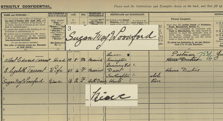 A screenshot of Susan May Woodford's 1921 Census record. The main image is darkened slightly. Her name and relationship – niece – is superimposed on top, in the original colour.