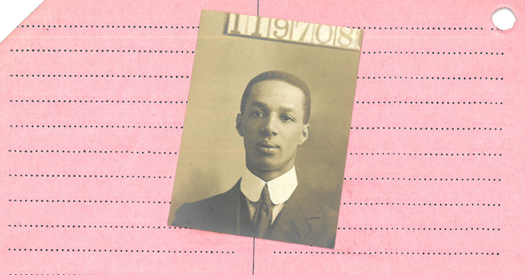 Merchant Seaman Card of Claudius Smart, found in Glamorgan Archives - photograph of man on pink dotted notepaper