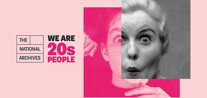 20sPeople Banner - Pink background with a composite photograph of a face, with half from 1920s and half from 2020s and the logo for We are 20sPeople