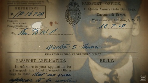 A still from a film showing a photograph of an Asian man's face overlayed over a passport page.