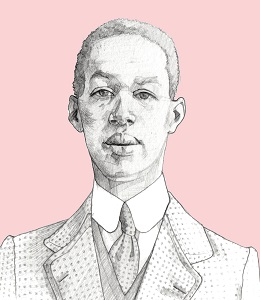 A greyscale illustration of Claudius Smart, on a pink background. Claudius is facing the viewer, wearing a suit and tie.