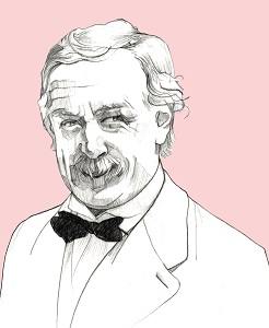 A greyscale illustration of David Lloyd George, on a pink background. David is smiling, wearing a suit and bow tie.