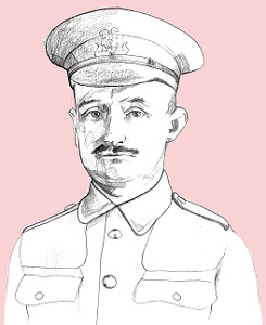 An illustration of Ernest Butterworth, drawn in his uniform on a pink background