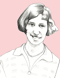 A greyscale portrait of Florence Julia Street, on a pink background.