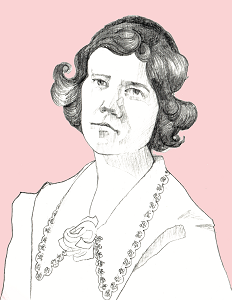 A greyscale illustration of Hilda Toyokawa, on a pink background. Hilda is wearing a shirt dress.