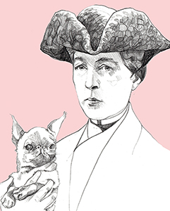 A black and white pencil portrait illustration of Marguerite Radclyffe-Hall, on a pink background. Marguerite is wearing a tricorn hat and holding a small dog.