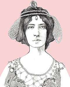 A black and white pencil portrait illustration of Maud Allan dressed as Salome, on a pink background