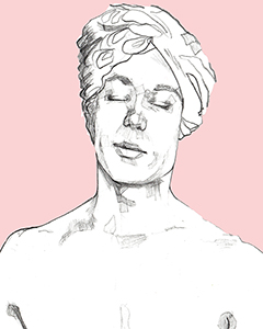 A black and white pencil portrait illustration of Robert (Bobby) Hector Britt, on a pink background. Bobby's torso is visible in shot; his eyes are closed and he is wearing a floral headdress.