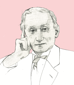 A greyscale illustration of Shapurji Saklatvala, on a pink background. Shapurji is wearing a suit and bow tie, with his right hand placed against his head.
