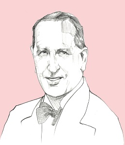 Greyscale illustration of Noel Curtis-Bennett, on a pink background. Noel is wearing a suit and bow tie.