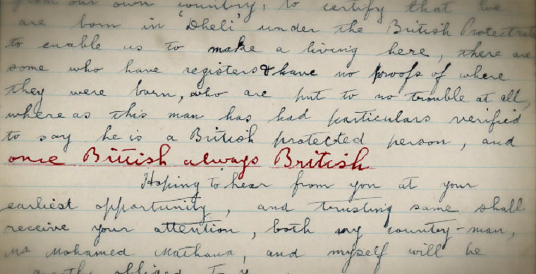 A photo of a letter, with 'once british always british' written in red