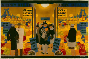 An Empire Marketing Board poster, in which a greengrocers displays all the produce available to British people from around the British Empire. 1927-1933.