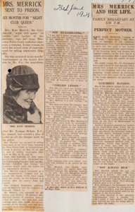 Press cuttings from the Daily Express newspaper, 23 June 1928. A photo of Kate Meyrick is centre left.