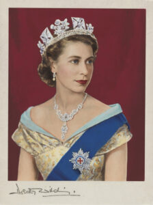 Queen Elizabeth II, wearing a crown, gold dress and royal blue sash. She is looking to the viewer's right. The background of the artwork is burgundy.