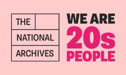 The National Archives logo, black grid with The National Archives written inside alongside the 20sPeople campaign logo, the words 'We are 20sPeople' written in black and hot pink font, on a pale pink background