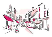An illustration in black with hot pink and light pink detailing of a street, featuring a cyclist, a small vehicle, pedestrians, a church and various shop fronts