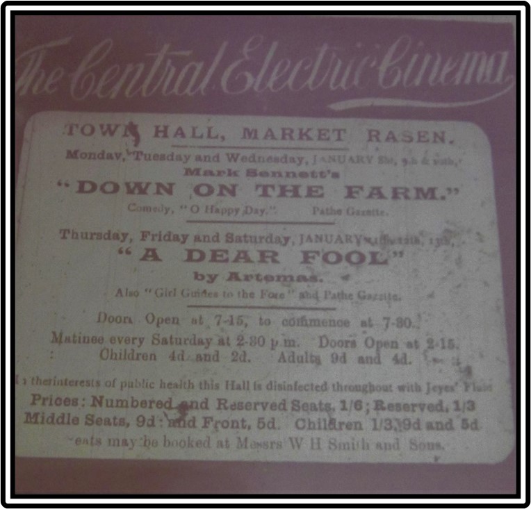 A faded advert clipping from a newspaper reading 'The Central Electric Cinema' in looping handwriting mentioning the films Down on the Farm and A Dear Fool. Reads that the doors open at 7-15 to commence at 7-30 with a matinee every Saturday at 2.30 pm. The events may be booked at W H Smith and Sons