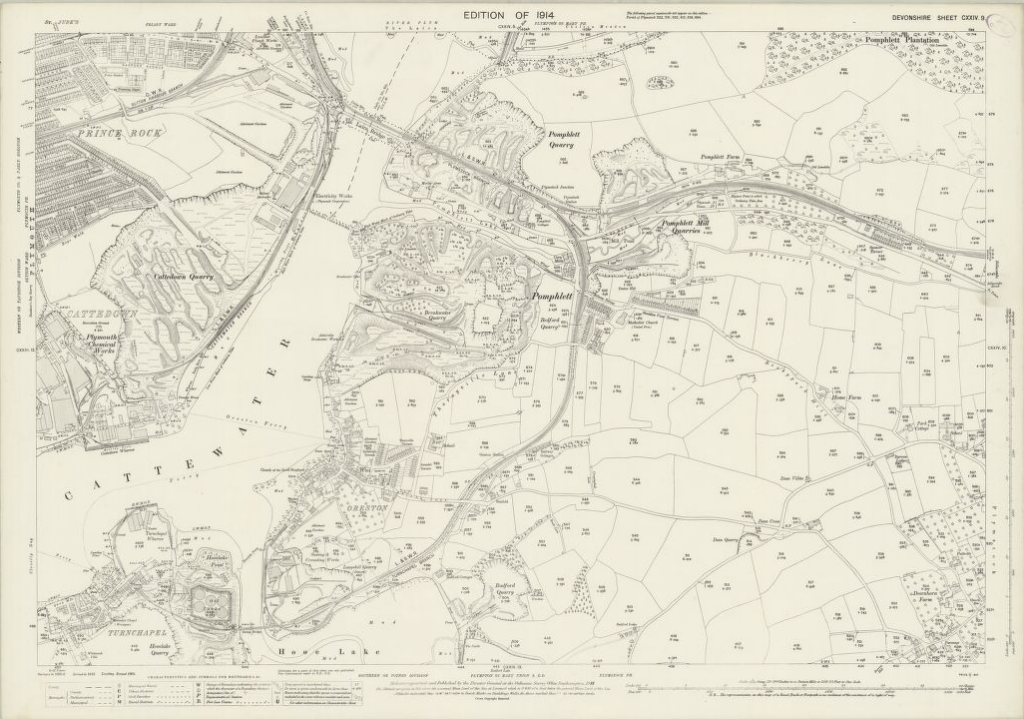 A black line Ordnance Survey map on a beige background of Devon - reading at the top Edition of 1914