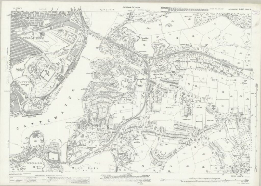 A black line Ordnance Survey map of Devon, with beige background - dated 1933 https://maps.nls.uk/view/106006952 