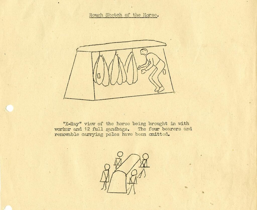 A beige paper with a drawing of a man hiding within a gymnastic wooden horse, with the words 'Rough sketch of the horse' - Xray view of the horse being brought in with worker and 12 full sandbags