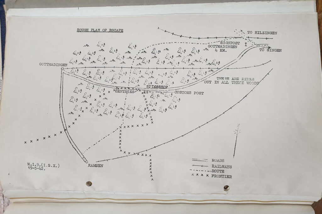 A white paper with a printed map of Airey Neave's escape from Colditz into woods 