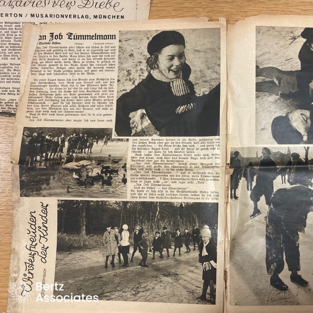 A printed newspaper/pamphlet article, written in German. The article contains pictures of children playing on a snowy day.