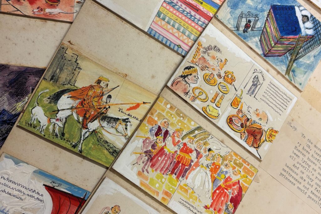 Artist's colour sketches of various fairy tale scenes, such as The Princess and The Pea