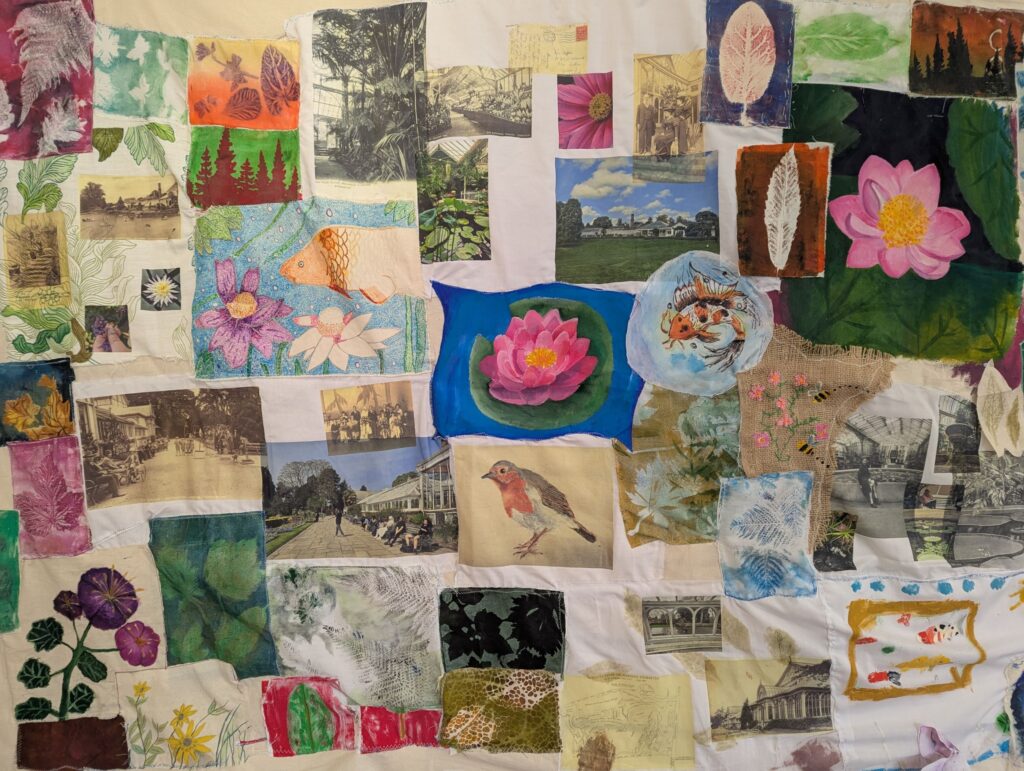 A textile montage from multiple contributors, using various techniques, depicting subjects such as flowers, fish, and birds