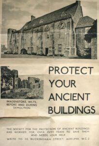 A black and white poster with two photographs of old building surrounded by rubble. Large text reads: 'Protect your ancient buildings'.