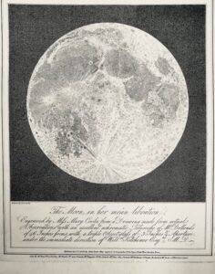 A black and white image of the moon with some hand written text below it.
