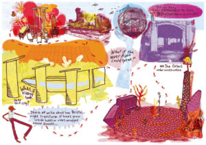 A zine showing various colourful illustrations of architectural structures with hand written notes