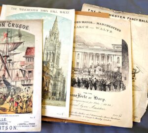 A collection of local song sheets from the 1980s featuring illustrations of a ship dockyard, a cathedral and a busy town square