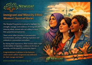 A poster with an illustration of three women smiling against the backdrop of a sunset. On the left of the image there is text, including the title: 'Immigrant and Minority Ethnic Women's Survival Stories'