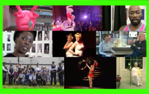 A collage of images showing close-ups of artists, stills from theatrical performances, stills from drag performances and interviews.