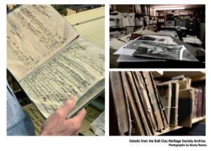 A collage of three images: a close-up shot of two hands holding open an A4 diary with hand written notes; a pile of black and white photographs and a shelf of worn and dishevelled book spines stacked against one another.