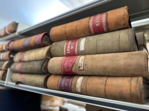 The spines of a dozen brown books with red labels stacked on a shelf. 