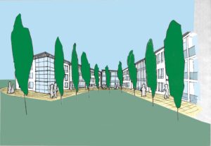 A digitised sketch depict a large white building where the front walls are lined with trees.