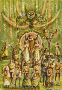 A colourful illustration depicting a collection of characters and figures in a fantasy forest setting.