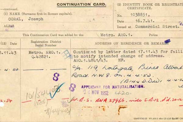 Continuation card of Joe Coral (MEPO 35/16/2)